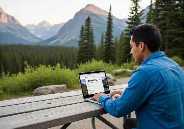 A hiker sits at a campsite picnic table in a North American park, planning a trip on a laptop open to the Recreation.gov reservation ecosystem.