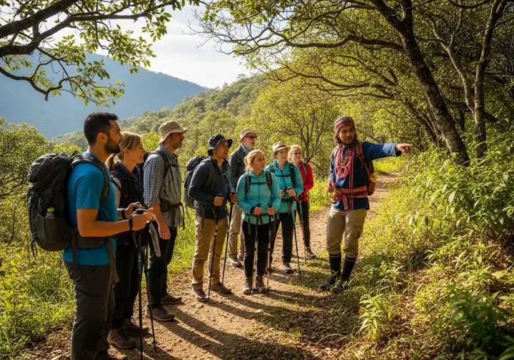 Two diverse hikers get off a yellow PostBus directly at a trailhead in the Swiss Alps, showcasing a successful car-free transport playbook in action.