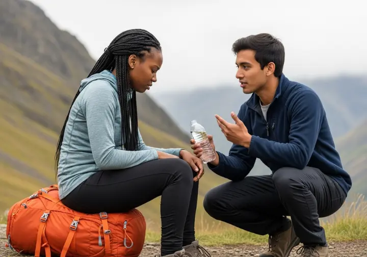 A hiker checks on his trekking partner who looks unwell, demonstrating how to recognize symptoms of altitude sickness with a field assessment.