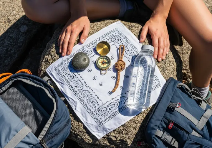 Four items representing a hiker's mental first-aid kit—a stone, compass, knotted rope, and water bottle—are laid out on a bandana on a rock, symbolizing techniques for on-trail control.