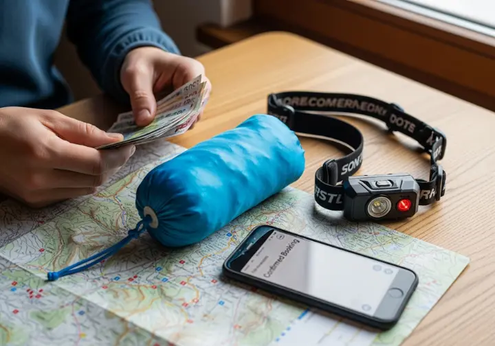A hiker's hands planning a trip at a table with essential logistics: local cash, a sleeping bag liner, a headlamp, and a booking confirmation.