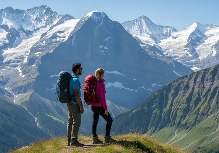 Two hikers pause on a trail to admire the iconic view of the Eiger, Mönch, and Jungfrau peaks in the Bernese Oberland, Switzerland.