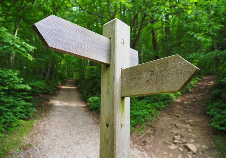A trail sign with three arrows pointing towards different types of paths, representing a comparative guide to the Kaaterskill Falls hiking routes.