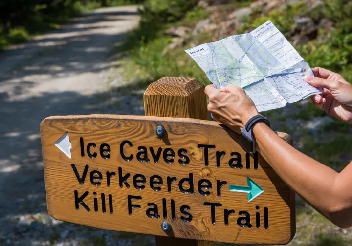 A trail sign at Sam's Point shows directions to the Ice Caves and Verkeerder Kill Falls, while a hiker consults a map.