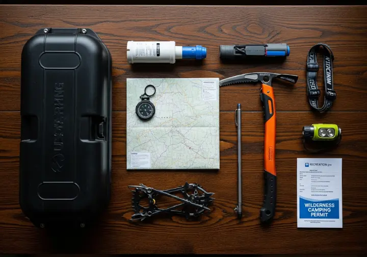A flat lay of backcountry expedition gear for Olympic National Park, including a bear canister, map, compass, ice axe, and permits, representing a strategic plan.