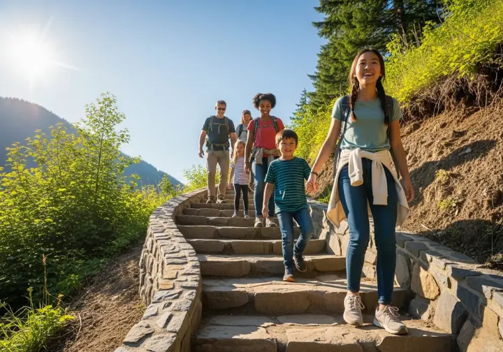 A diverse group of hikers climbing an expertly built stone staircase on a sunny mountain, a real-world example of sustainable trail principles in action.