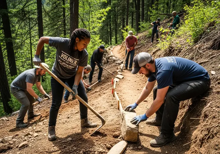A team of volunteers works together using hand tools to build a new, sustainable hiking trail on the side of a hill.