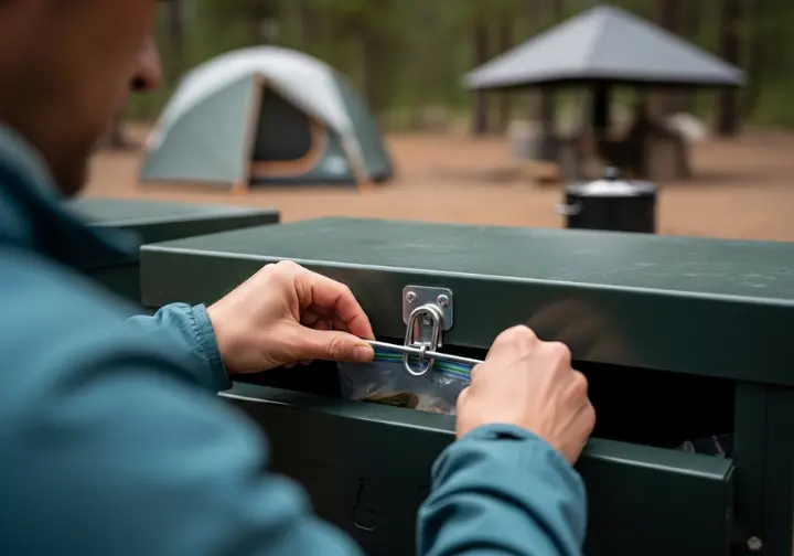 A demonstration of backcountry mastery, showing a hiker's hands securing food inside a steel bear cache, a non-negotiable skill in Garibaldi Park.