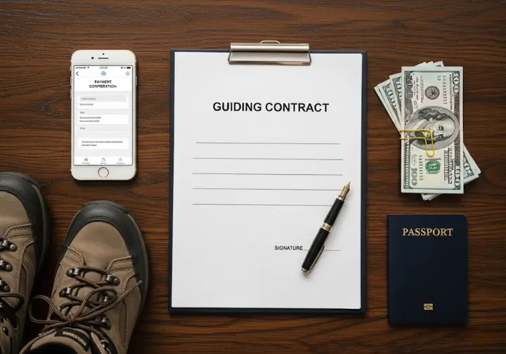 A flat lay showing the final steps of booking a guide: a contract, pen, smartphone with payment screen, hiking boots, and cash for a tip.
