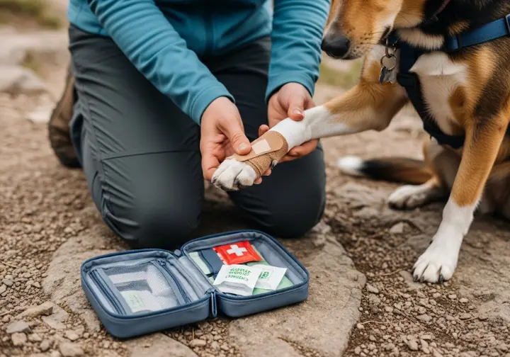 A hiker competently handles an on-trail emergency by using a first-aid kit to wrap their calm dog's injured paw.