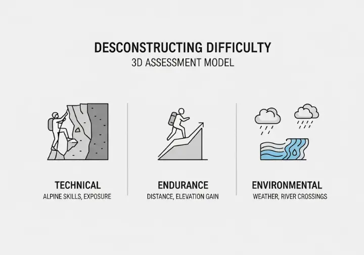 Infographic explaining hike difficulty through a 3D assessment model: Technical (alpine skills, exposure), Endurance (distance, elevation gain), and Environmental (weather, river crossings, altitude).