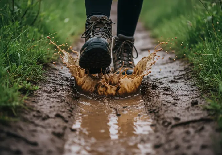 A close-up of a hiker's boots walking directly through a muddy patch on a trail, demonstrating the Leave No Trace principle to prevent trail widening.