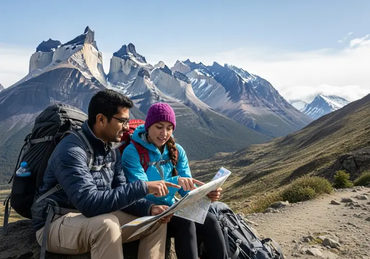 Two experienced hikers study a map together on a trail with the iconic peaks of Torres del Paine, Chile in the background, representing lessons from global counterparts.