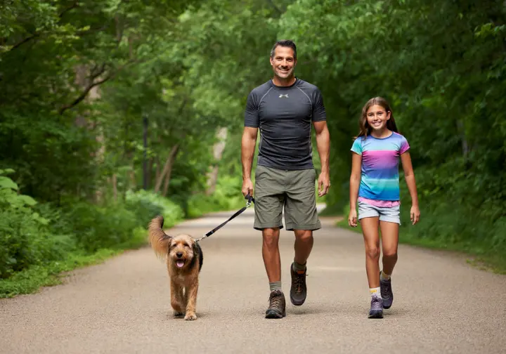 A family with a child and a leashed dog happily hiking on an easy trail in Palisades Interstate Park.