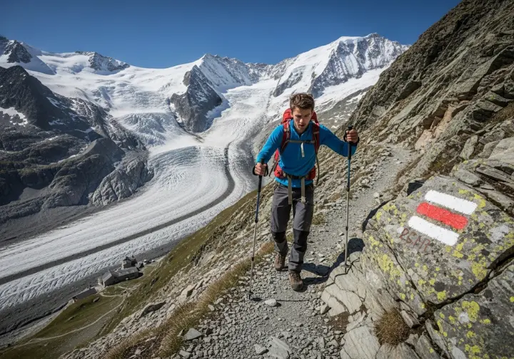 A hiker carefully traverses a steep, rocky trail marked with red and white paint on the challenging Hohtürli pass in the Swiss Alps.