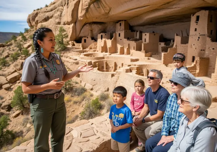 A Pueblo park ranger interprets the history of the cliff dwellings at Mesa Verde for a group of hikers, telling the story of a living culture.