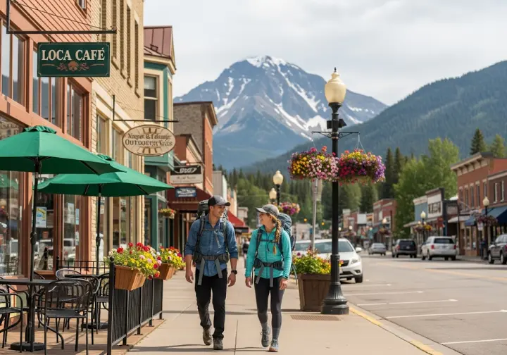 A bustling main street in a mountain town with hikers and local businesses, demonstrating the economic benefits of trails beyond the path itself.