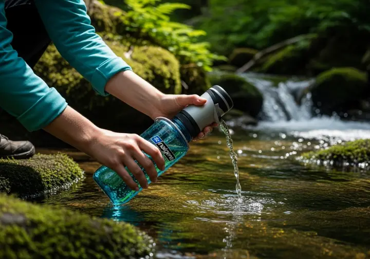 A hiker's hands using a squeeze water filter to purify water from a mountain stream, an effective strategy for optimizing a trekking budget.