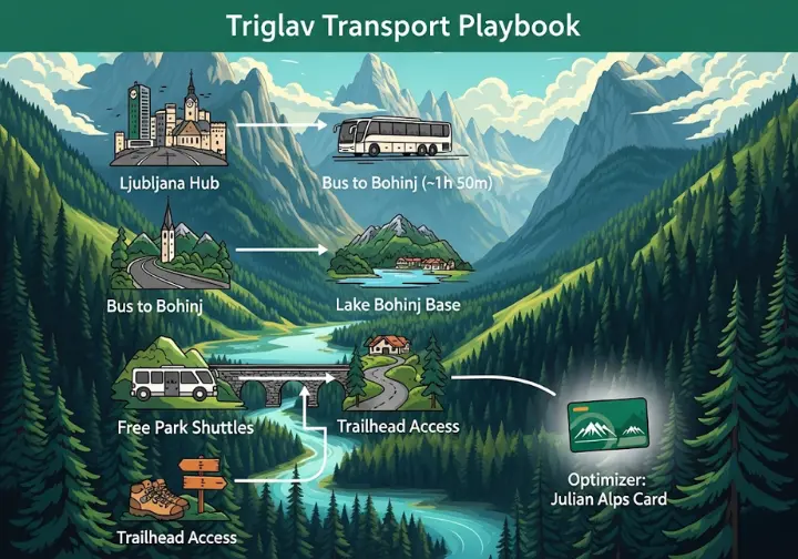 A vertical infographic illustrating the public transport playbook for Triglav National Park, Slovenia. The graphic shows the journey from Ljubljana to Lake Bohinj by bus, then to hiking trailheads via local shuttles, and highlights the Julian Alps Card as a key optimizer.