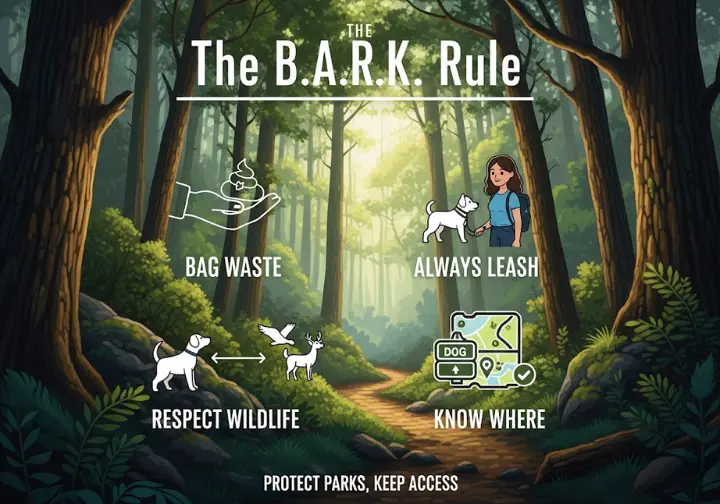 An infographic explaining the B.A.R.K. Rule for responsible dog ownership in national parks, featuring icons for Bag Waste, Always Leash, Respect Wildlife, and Know Where to Go.