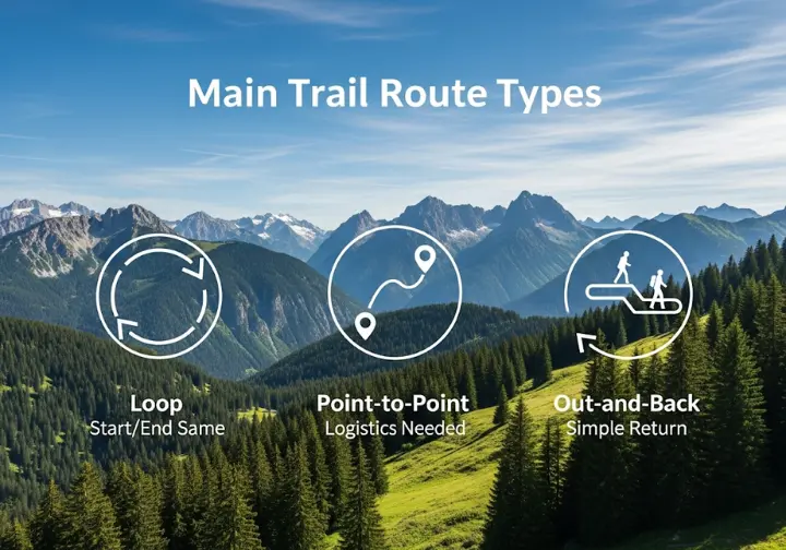 An infographic illustrating the three main types of hiking trail routes: Loop, Point-to-Point, and Out-and-Back, with brief descriptions of their logistical implications.