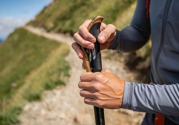 A close-up of a dedicated hiker's hands expertly adjusting a trekking pole, representing pro tips and advanced hiking techniques.