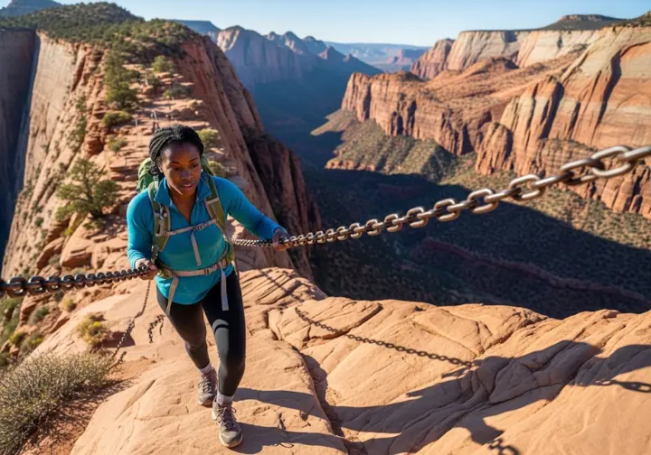 A lone hiker successfully navigates the chains on Angels Landing in Zion, representing the successful outcome of a strategic playbook for securing park permits.
