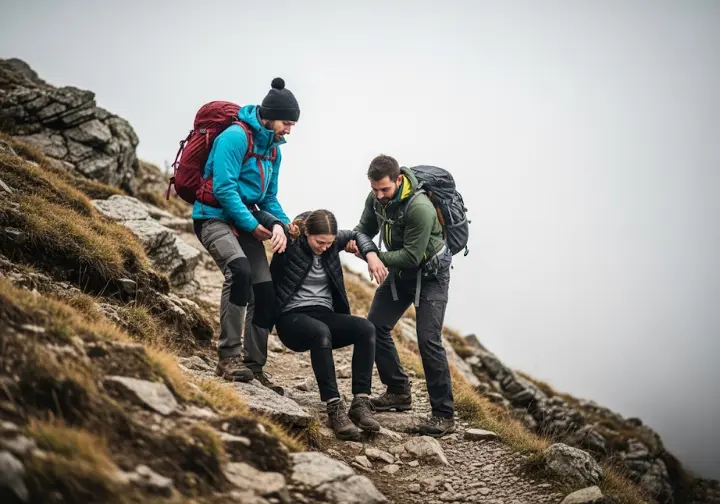 Two hikers help a sick companion descend a mountain trail, illustrating that immediate descent is the unbreakable rule for treating severe altitude sickness.