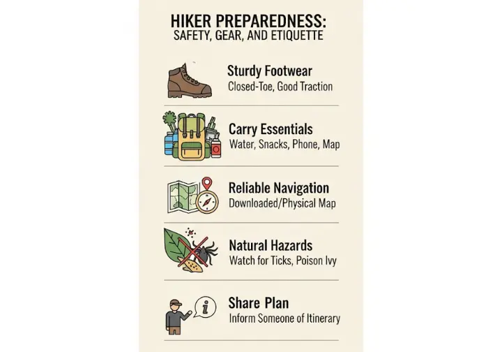 Infographic on hiker preparedness covering essential safety tips, recommended gear like sturdy shoes and water, and trail etiquette including informing someone of your plan and avoiding hazards.