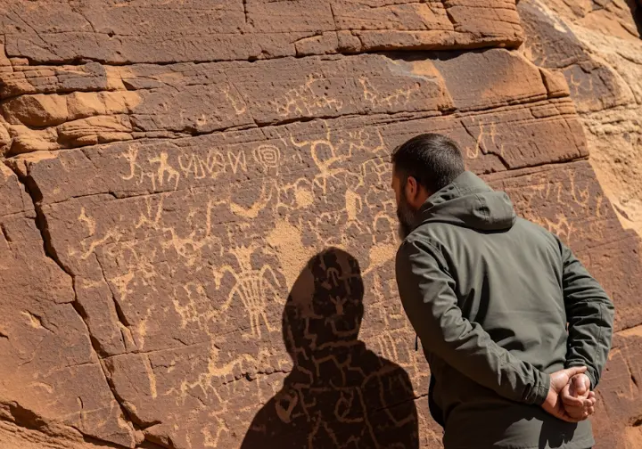 A hiker with hands clasped behind his back looks closely at a petroglyph panel on a rock wall, demonstrating how to walk on ancestral lands with awareness and respect.