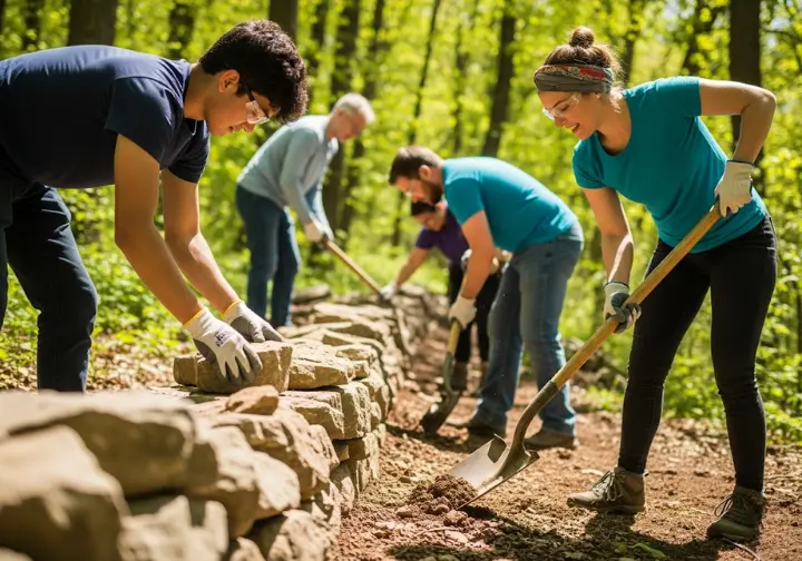 A group of diverse volunteers works together on a trail maintenance day, showing how hikers can become part of the solution by getting involved.
