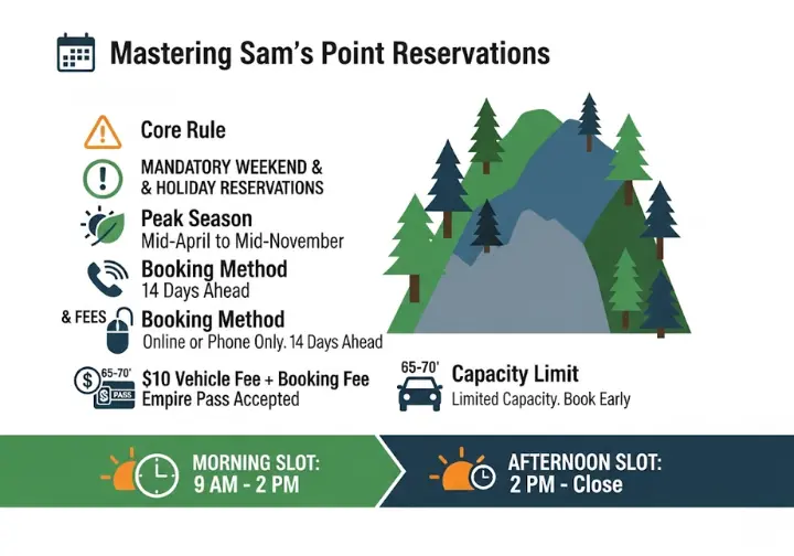An infographic explaining the mandatory reservation system for Sam's Point Preserve. It outlines the core rule of required reservations for weekends and holidays, the booking method, fees, and a visual comparison of the Morning (9 AM - 2 PM) and Afternoon (2 PM - close) time slots.