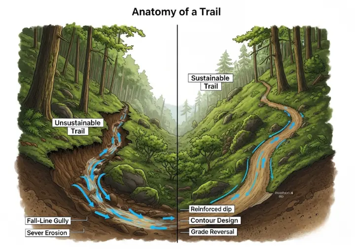 A side-by-side educational diagram comparing a sustainable trail to an unsustainable one. The left panel shows an unsustainable "fall-line" trail with severe erosion. The right panel displays a sustainable "contour" trail with a grade reversal that effectively sheds water.
