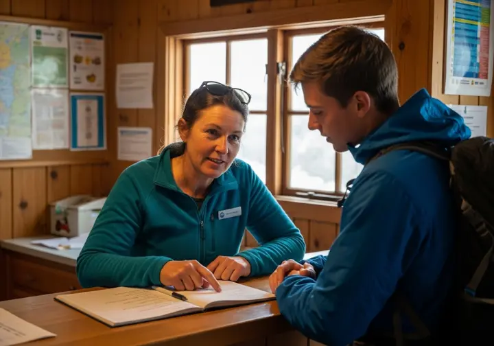 A hiker gets advice from the hut warden at a check-in counter in a Swiss mountain hut, an essential resource for a safe trek.