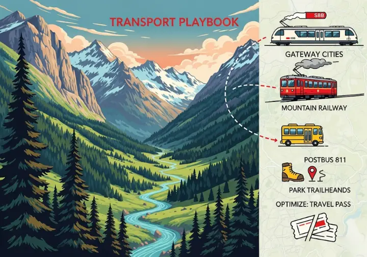 An infographic detailing the public transport journey to the Swiss National Park. It shows the route from major cities via SBB train, connecting to the Rhaetian Railway and finally the PostBus to reach the trailheads, with a comparison of travel passes.