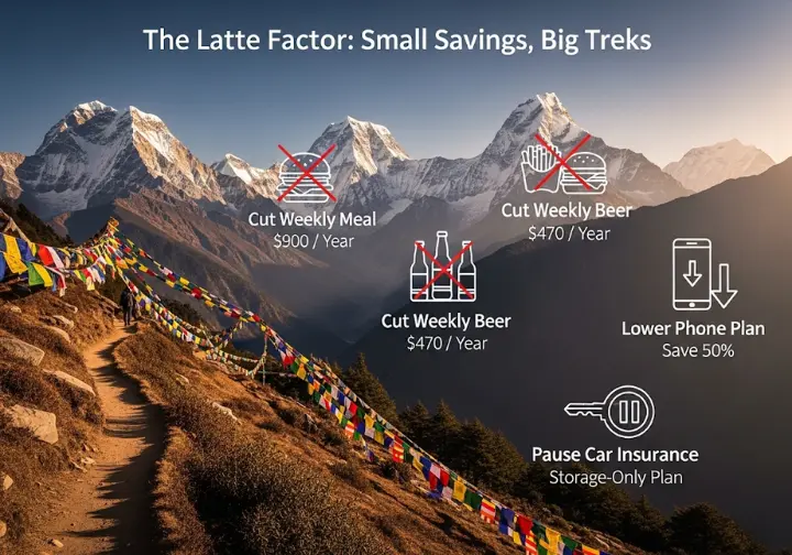 An infographic titled 'The Latte Factor' demonstrating how small savings from cutting weekly expenses like restaurant meals and beer can fund big treks, set against a stunning Himalayan mountain landscape.