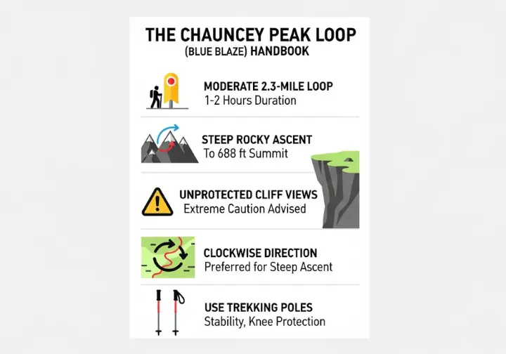 Infographic detailing the Chauncey Peak Loop (Blue Blaze) hike: 2.3 miles, 1-2 hours, steep ascent to 688 ft summit, cliff-top views, recommended clockwise direction, and use of trekking poles.