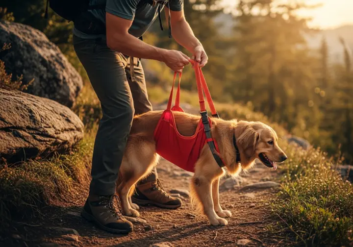 Diagram illustrating a dog rescue sling or harness in use, showing a person safely evacuating an injured dog on a hiking trail.