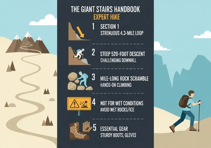 Infographic detailing the Giant Stairs Loop hike, highlighting its strenuous 4.3-mile distance, 520-foot descent, mile-long rock scramble, and essential gear like sturdy boots and gloves.
