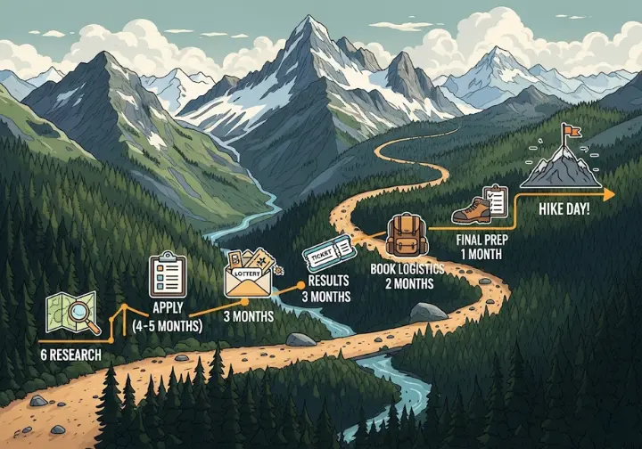 An infographic timeline showing the key planning stages for a lottery-based hiking permit, from researching the trail 6 months in advance to the final hike day.