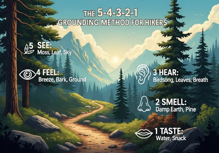 An infographic explaining the 5-4-3-2-1 grounding method for hikers. It features icons for seeing, feeling, hearing, smelling, and tasting, with trail-specific examples for each sense, set against a serene mountain trail background.