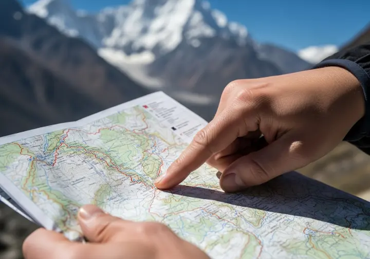 A hiker's hands trace a route on a topographic map with a high-altitude mountain range in the background, showing how acclimatization principles apply to world-class treks.