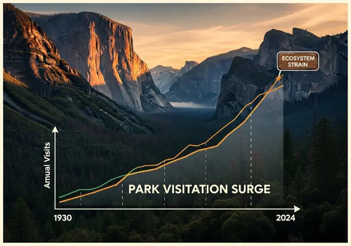 An infographic chart showing the exponential growth of U.S. National Park visitation from 1930 to 2024, set against a backdrop of a majestic mountain landscape, illustrating the cause for new reservation systems.