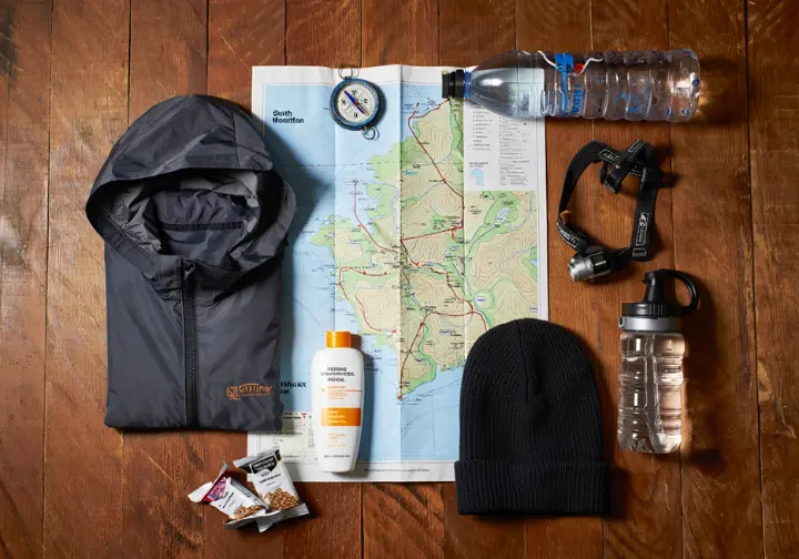 A flat lay of hiking gear, including a map, compass, and seasonal clothing, for planning a hike in Phoenix.