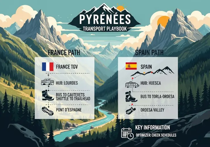 An infographic detailing the public transport playbook for accessing trailheads in the Pyrenees National Park, showing the French route via Lourdes and Cauterets and the Spanish route via Huesca and Torla-Ordes