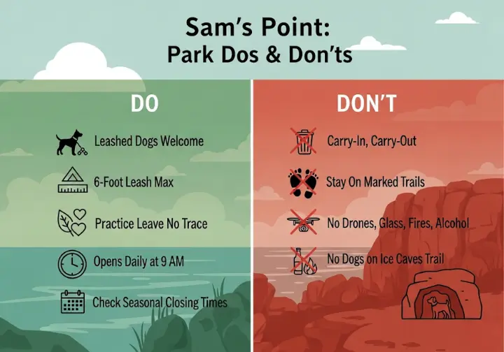 An infographic of the park rules for Sam's Point Preserve, presented as a "Dos and Don'ts" list. The "Dos" include keeping dogs on a 6-foot leash, practicing Leave No Trace, and checking park hours. The "Don'ts" highlight that it's a carry-in/carry-out facility and prohibits drones, alcohol, fires, and dogs on the Ice Caves Trail.