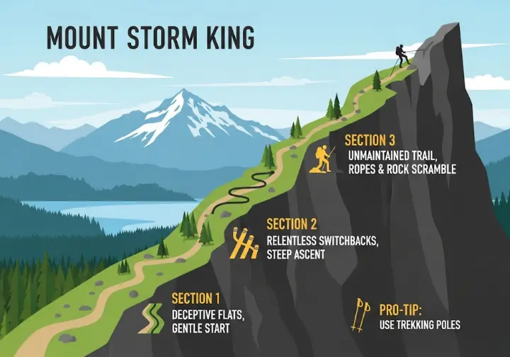 An infographic detailing the three distinct sections of the Storm King hiking trail. It illustrates the progression from the easy initial flat path, to the steep switchbacks, and finally to the challenging unmaintained rope section and exposed summit scramble, with key tips for each stage.