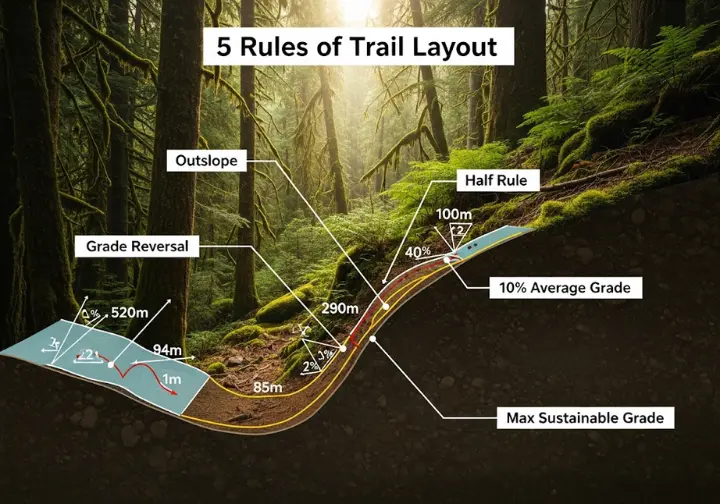 An atmospheric infographic of the 5 rules of trail design. The image shows a detailed forest hillside, with each rule explained in a clear text box pointing to the relevant feature.