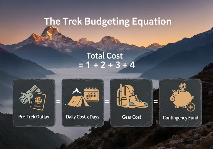 An infographic illustrating the Universal Trek Budgeting Equation, with icons representing the four main cost components: Pre-Trek Outlay, Daily Costs, Gear, and Contingency Fund, set against a dramatic mountain landscape.