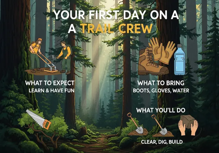 An infographic titled "Your First Day on a Trail Crew" showing what to expect, what to bring, and what you'll do when volunteering for trail maintenance, set against a lush forest backdrop.